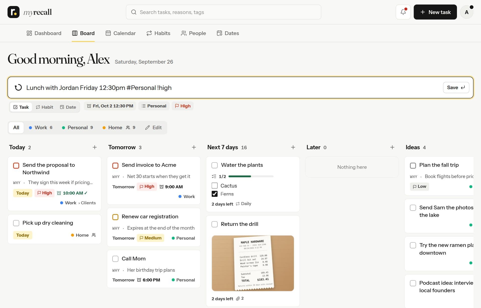 Quick add understanding a typed task, above the board