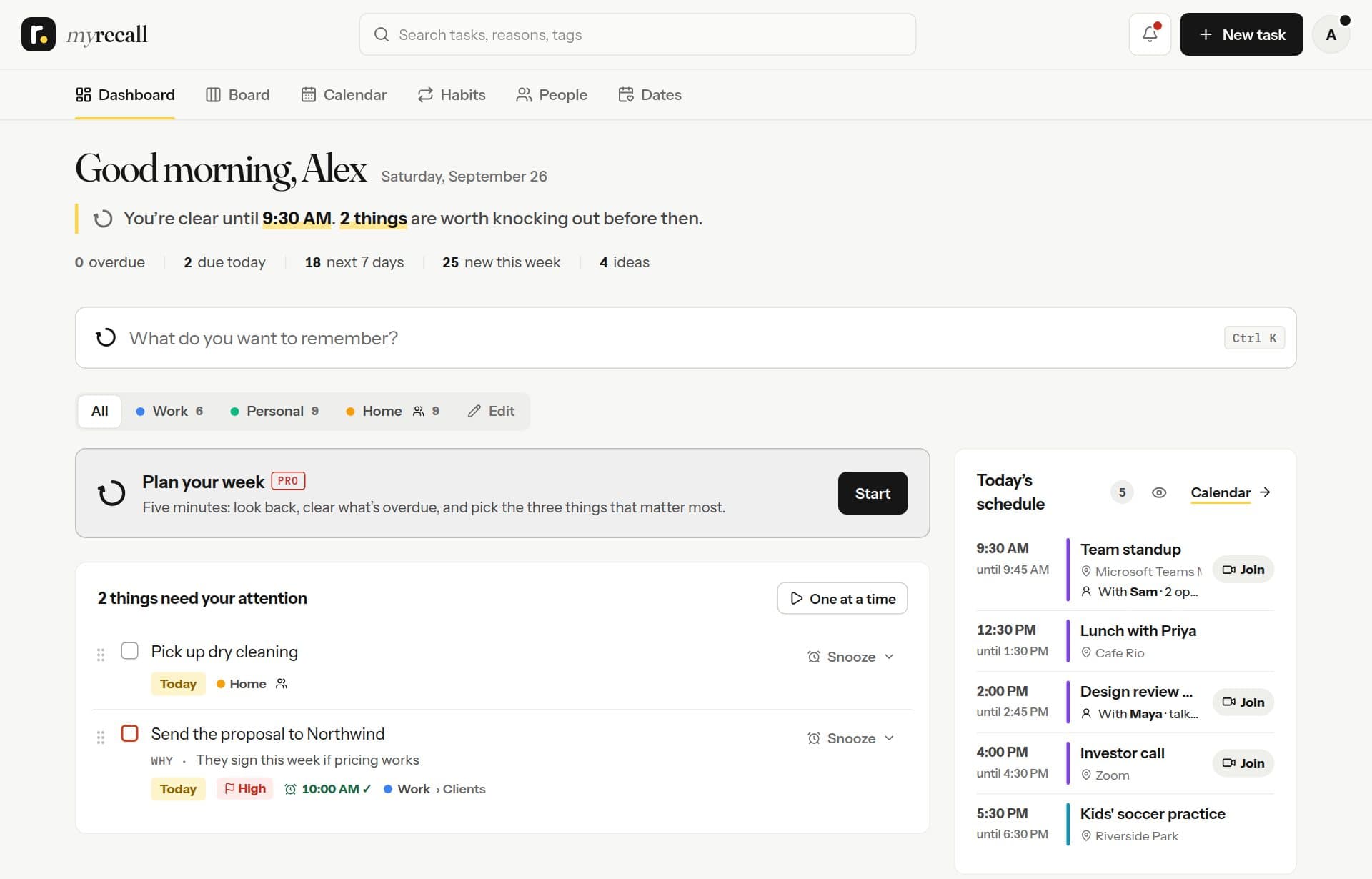 The MyRecall dashboard: what needs attention, today’s schedule, and habits