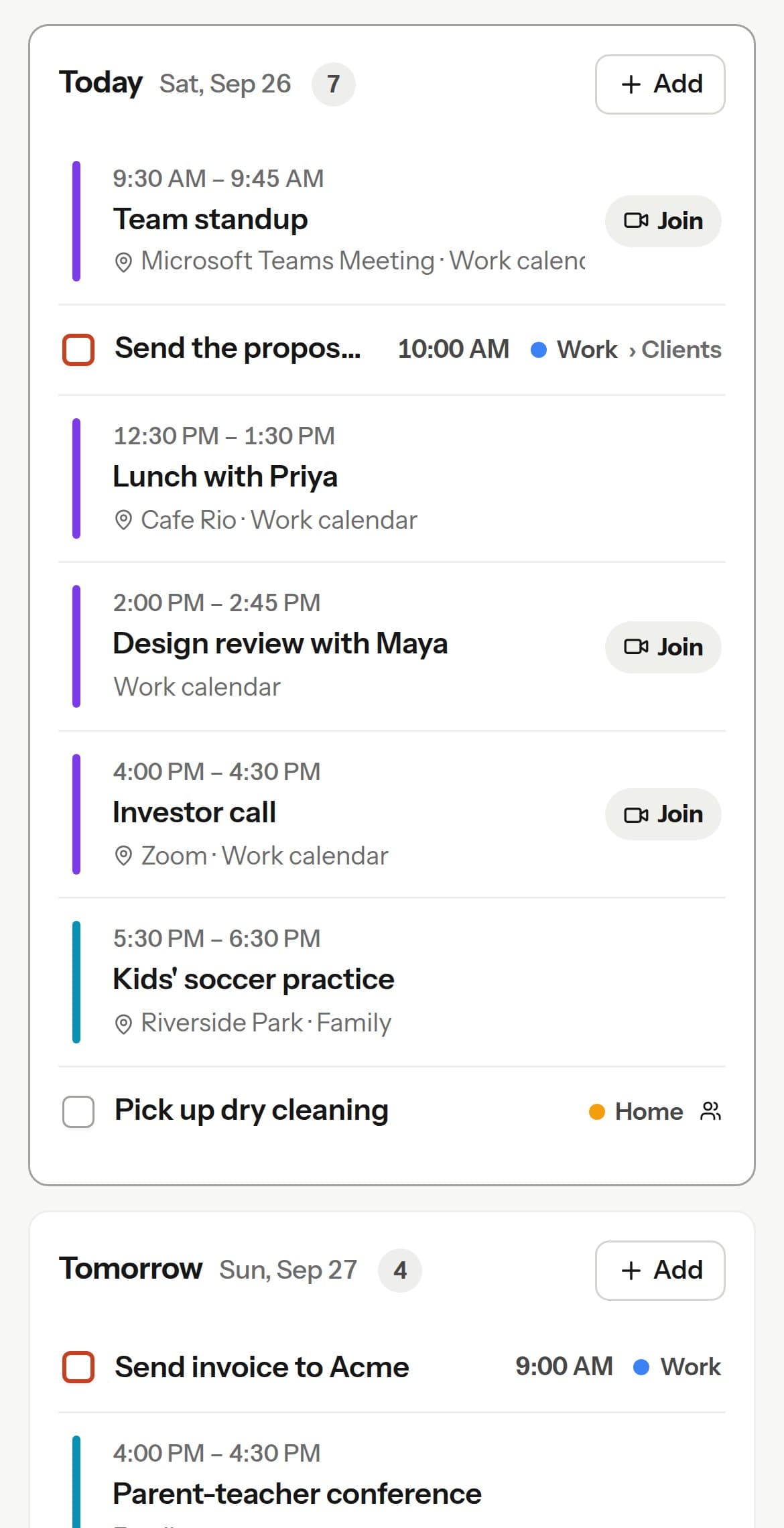 Today on a phone: meetings from connected calendars in order with tasks to check off