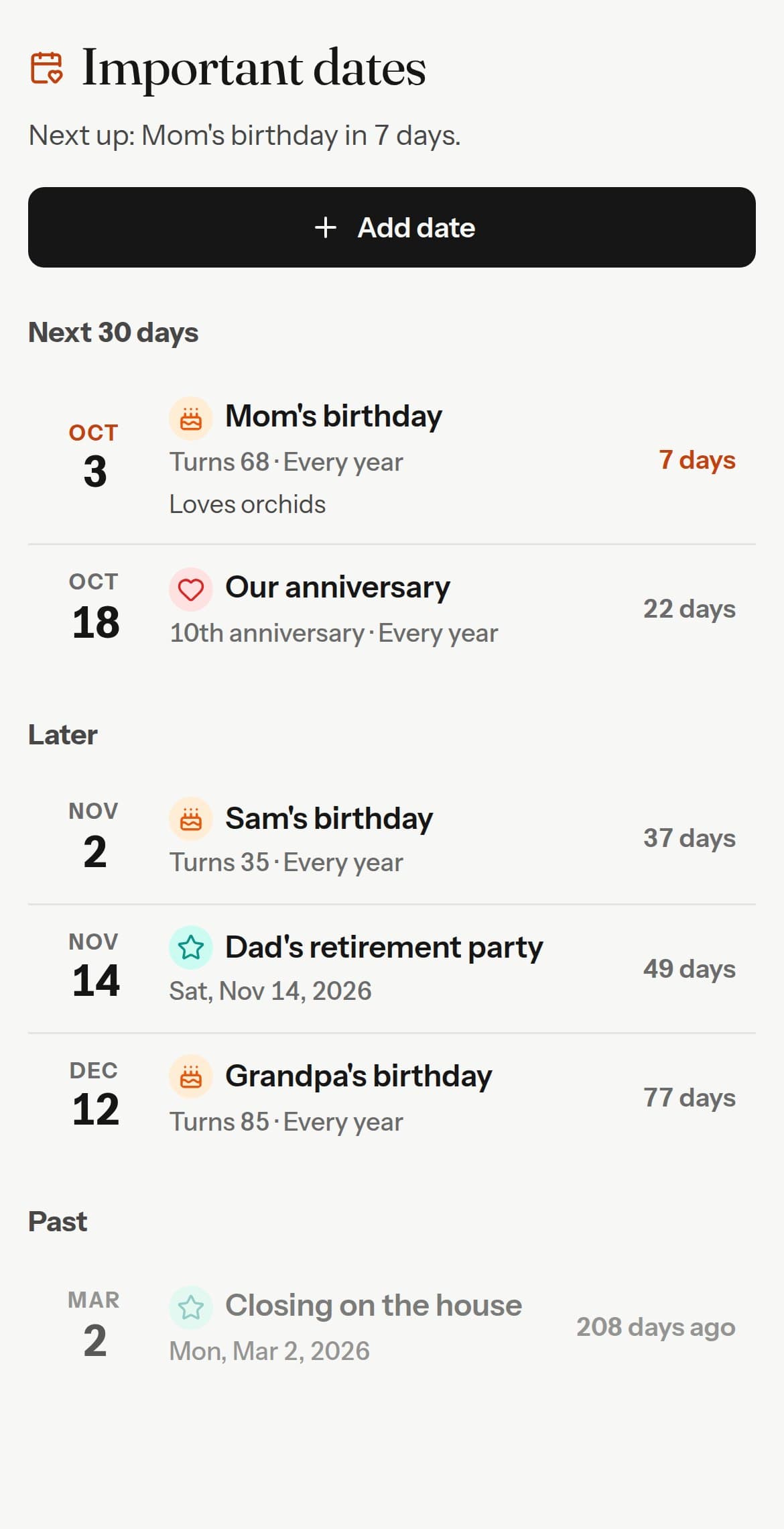 Birthdays and anniversaries counting down