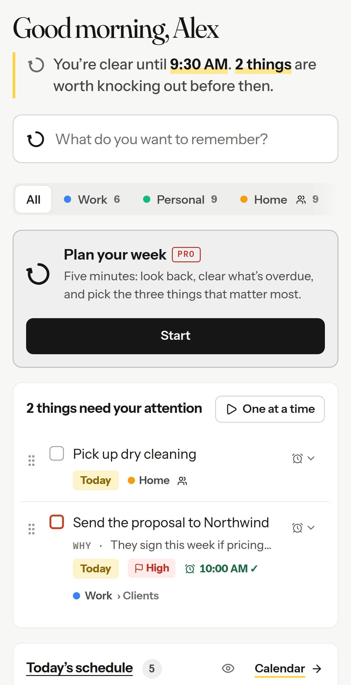MyRecall on a phone: today’s schedule and follow-ups