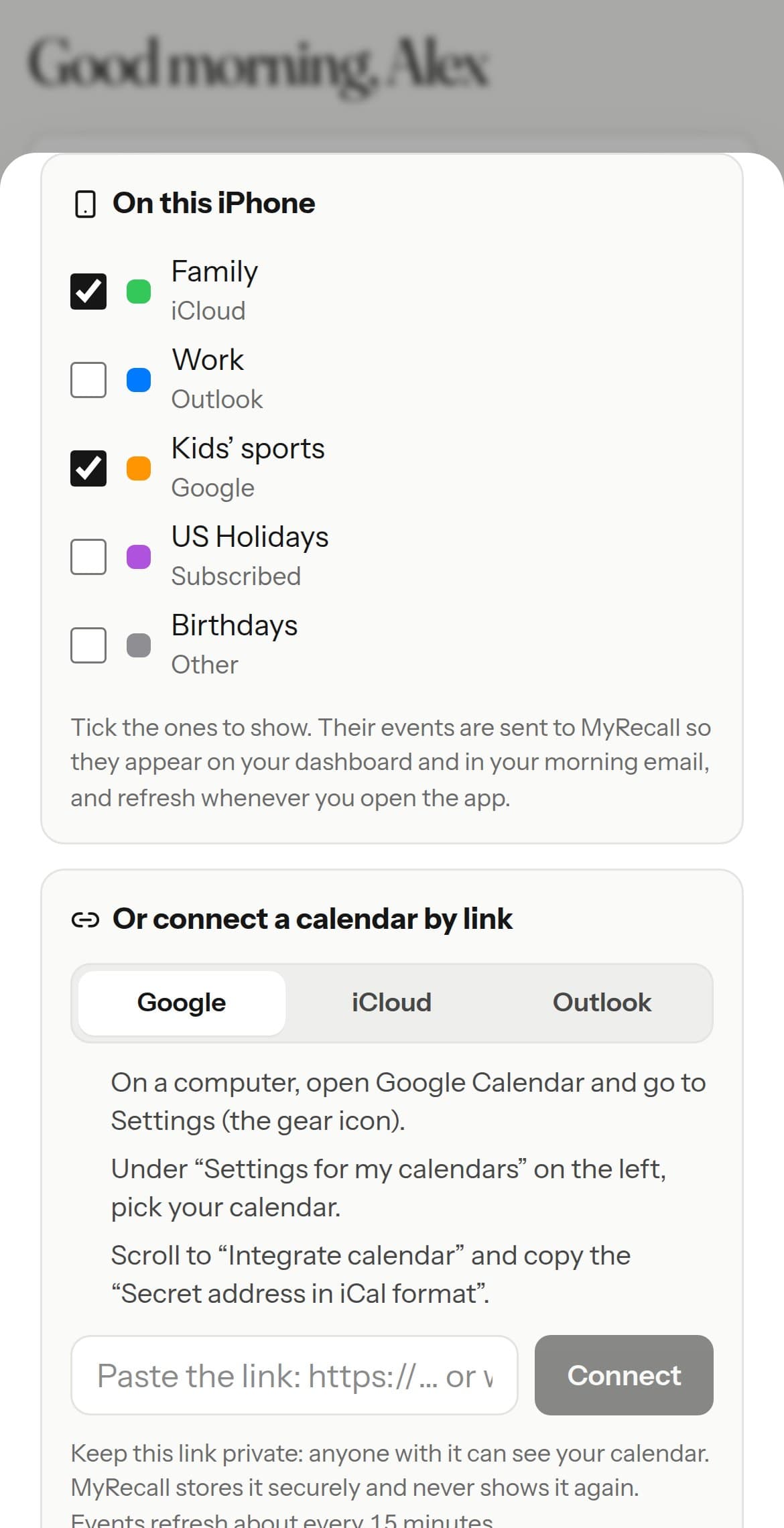 The MyRecall iPhone app listing the calendars on the phone, with Family and Kids’ sports ticked to show