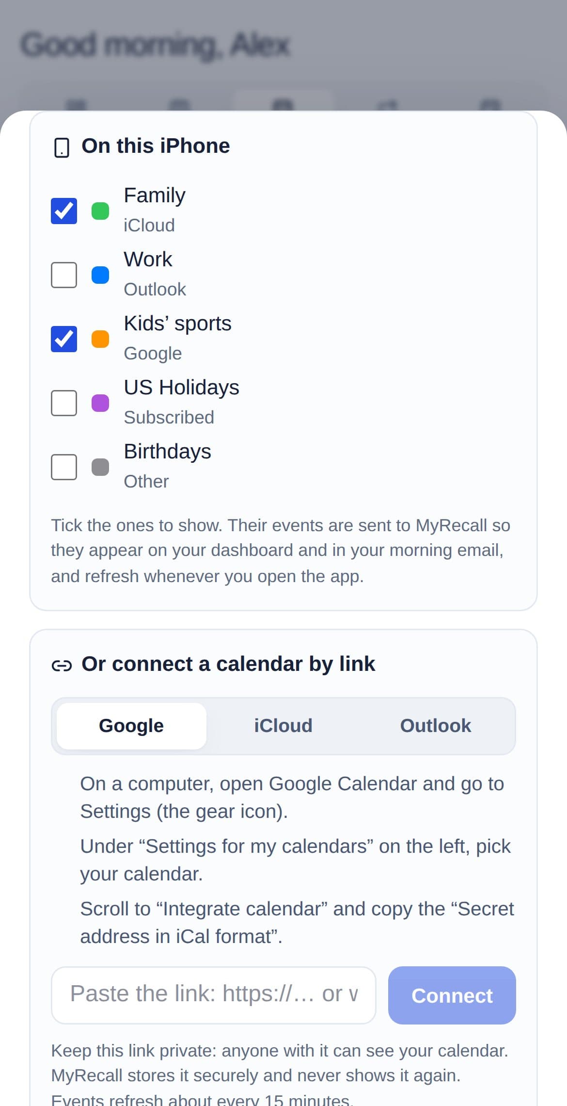 The MyRecall iPhone app listing the calendars on the phone, with Family and Kids’ sports ticked to show
