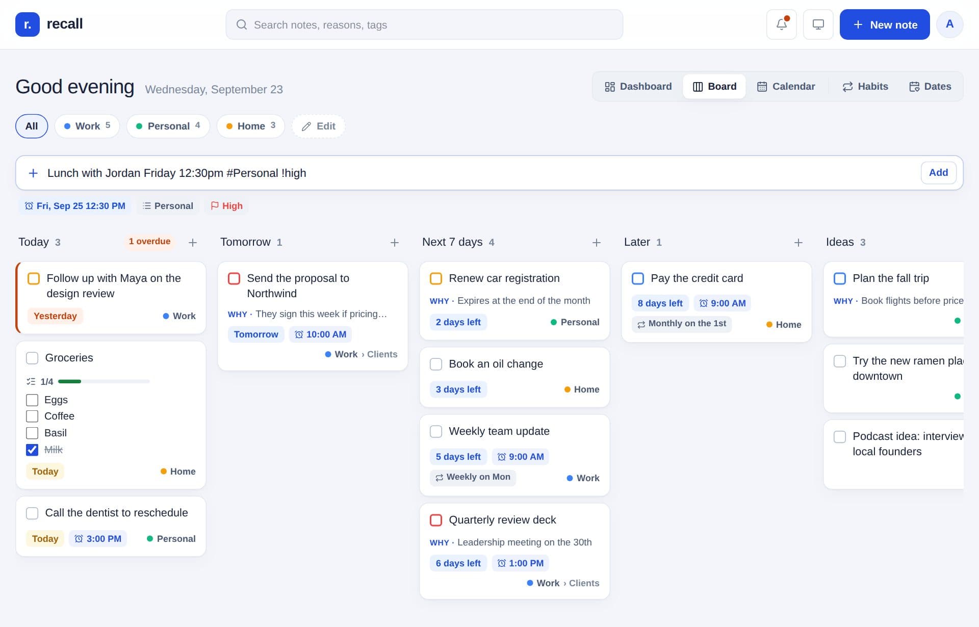 Quick add understanding a typed task, above the board