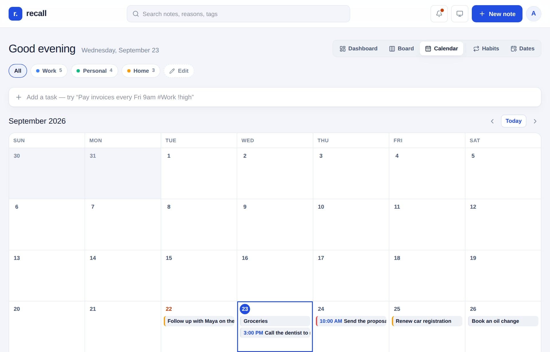 The Recall calendar with follow-ups and repeats