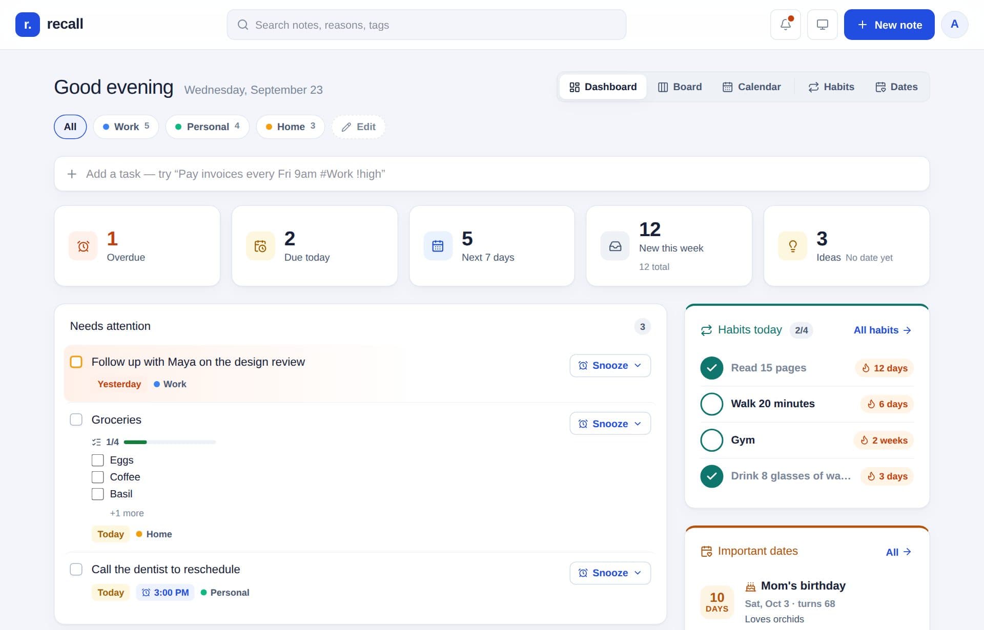The Recall dashboard: what's overdue, due today, habits, and upcoming dates