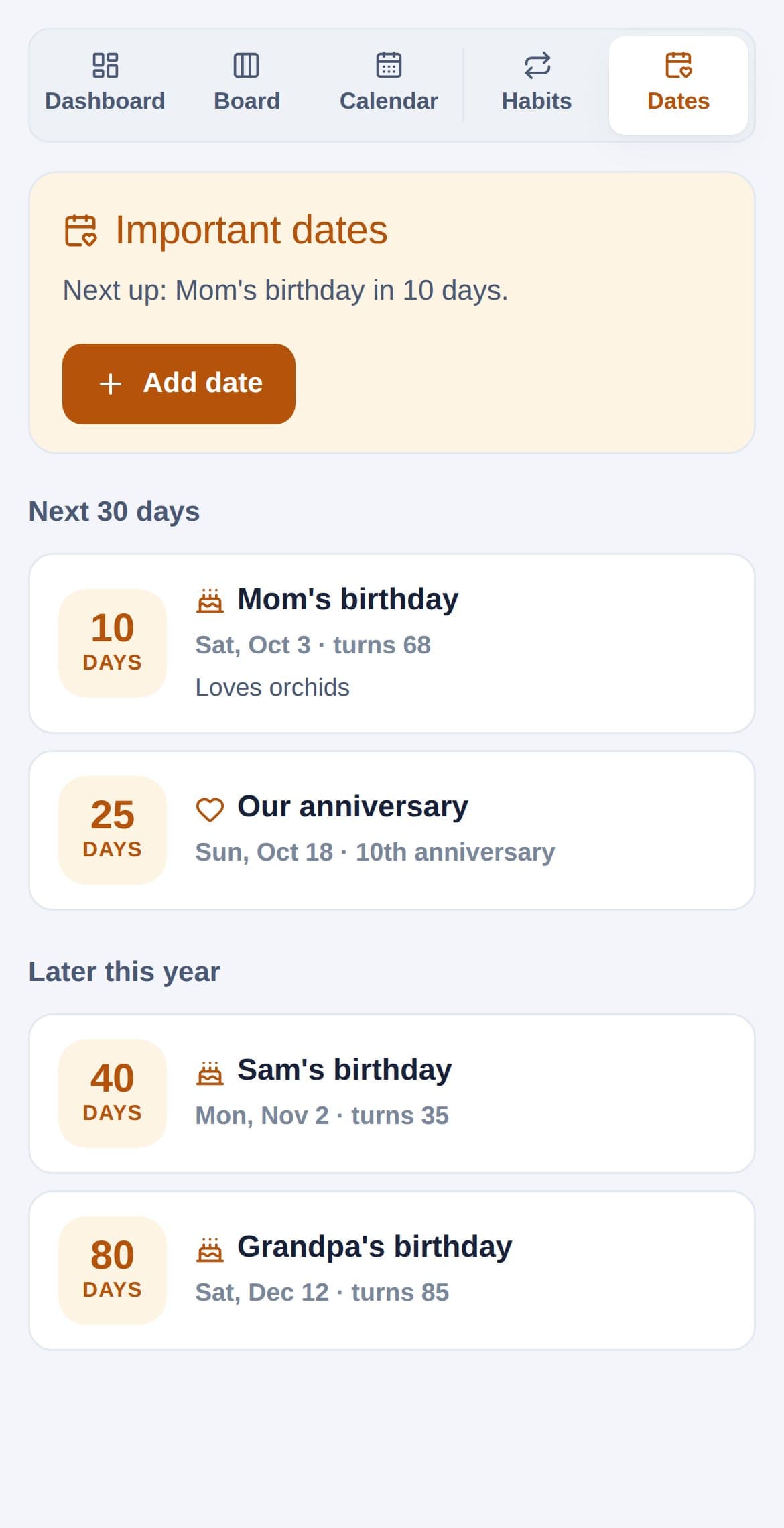 Birthdays and anniversaries counting down
